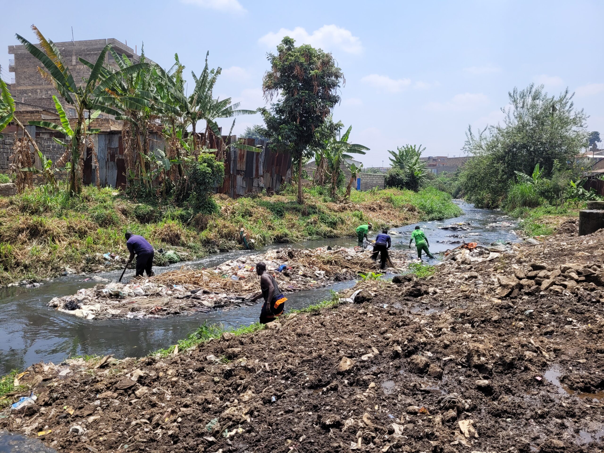 In the foreground, a muddy riverbank. 5 volunteers wearing green are in the river removing trash. The river flows through the photo from left to right. An island of garbage is formed in the middle of the river. Across the river, the river bank is sloped and covered in grass, with tropical trees growing around a small wooden house.